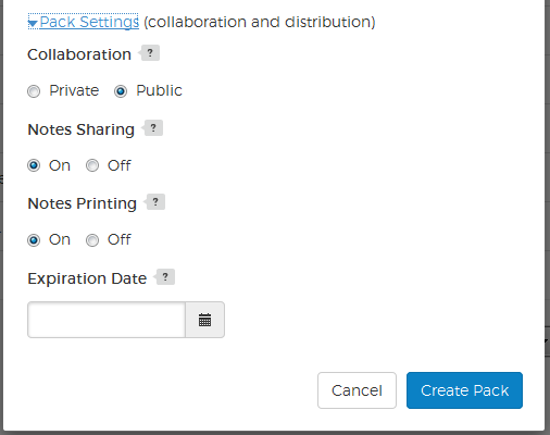 Create Pack Pop-up Settings