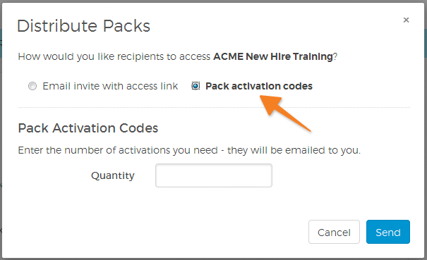 Pack activation code option selected